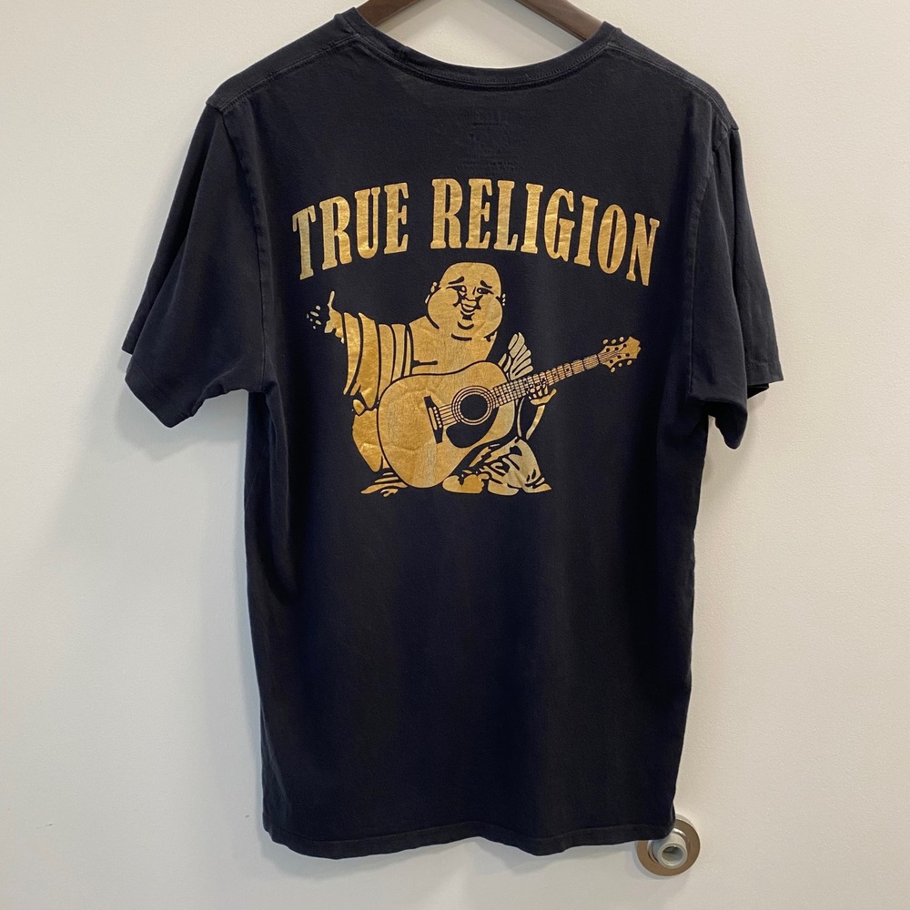 True Religion T-Shirt Mens M Black Gold Big Buddha World Tour Logo Short Sleeve